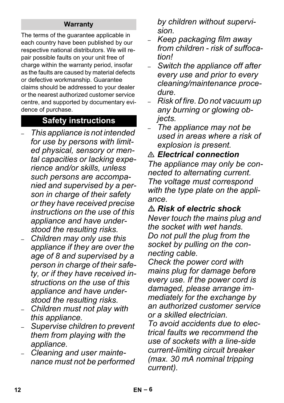 Warranty, Safety instructions | Karcher MV 4 User Manual | Page 12 / 190