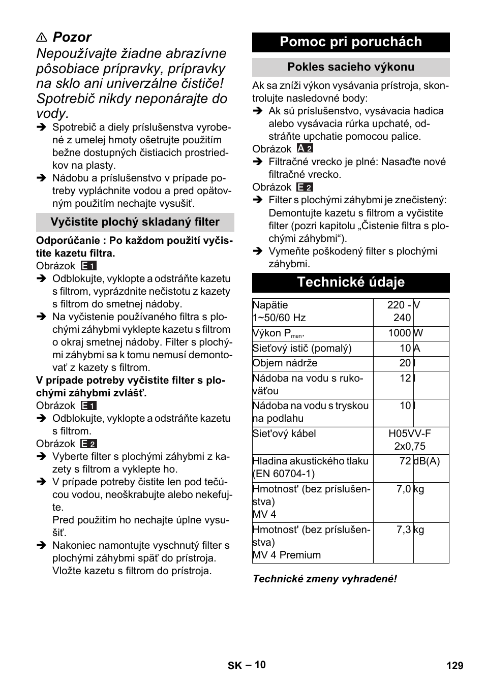 Vyčistite plochý skladaný filter, Pomoc pri poruchách, Pokles sacieho výkonu | Technické údaje | Karcher MV 4 User Manual | Page 129 / 190