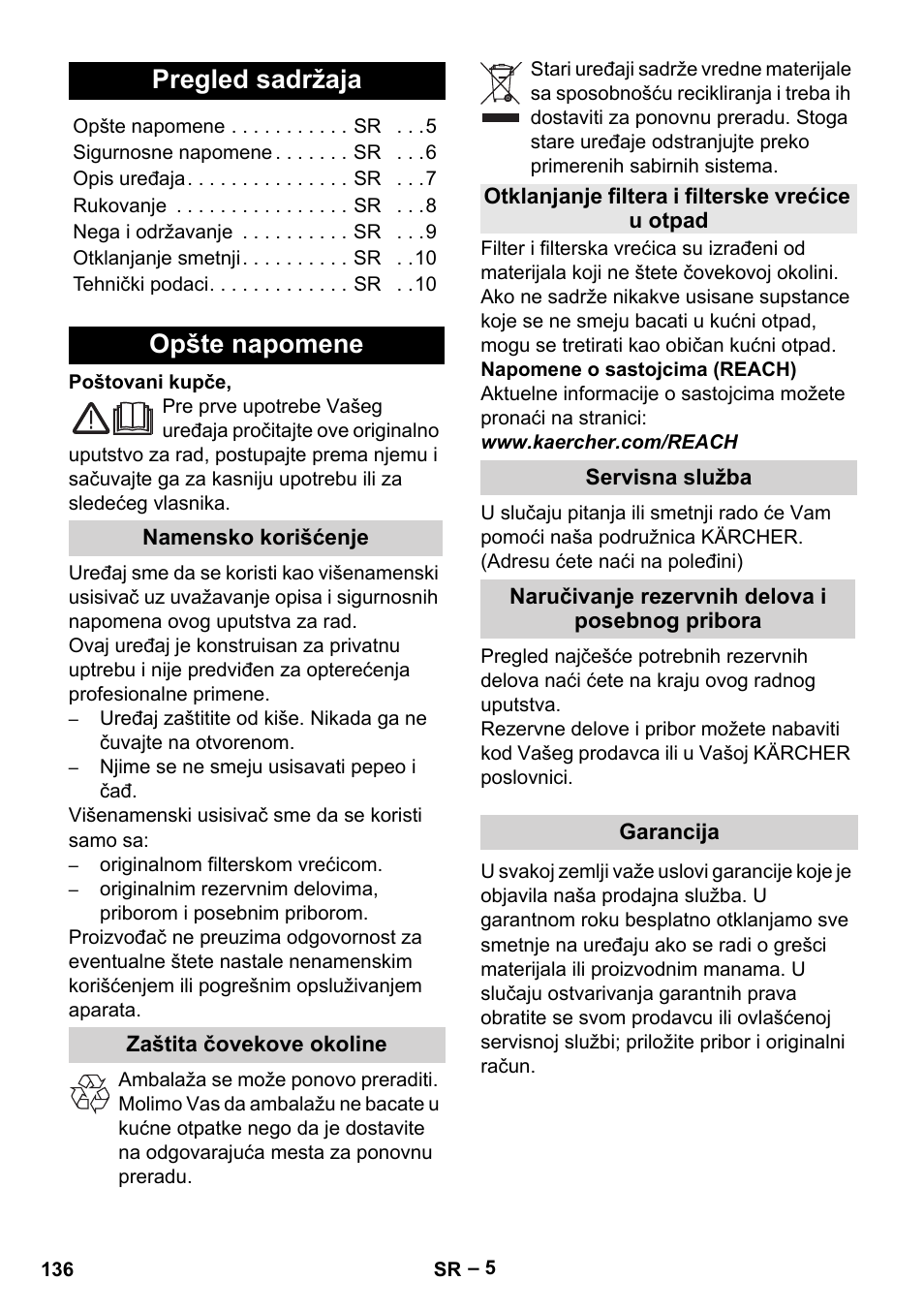 Srpski, Pregled sadržaja, Opšte napomene | Namensko korišćenje, Zaštita čovekove okoline, Otklanjanje filtera i filterske vrećice u otpad, Servisna služba, Naručivanje rezervnih delova i posebnog pribora, Garancija | Karcher MV 4 User Manual | Page 136 / 190