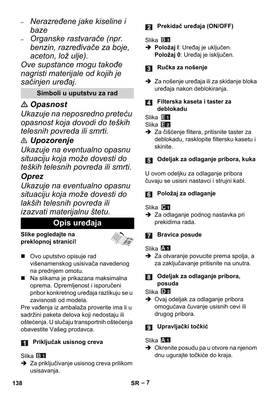 Simboli u uputstvu za rad, Opis uređaja, Nerazređene jake kiseline i baze | Karcher MV 4 User Manual | Page 138 / 190