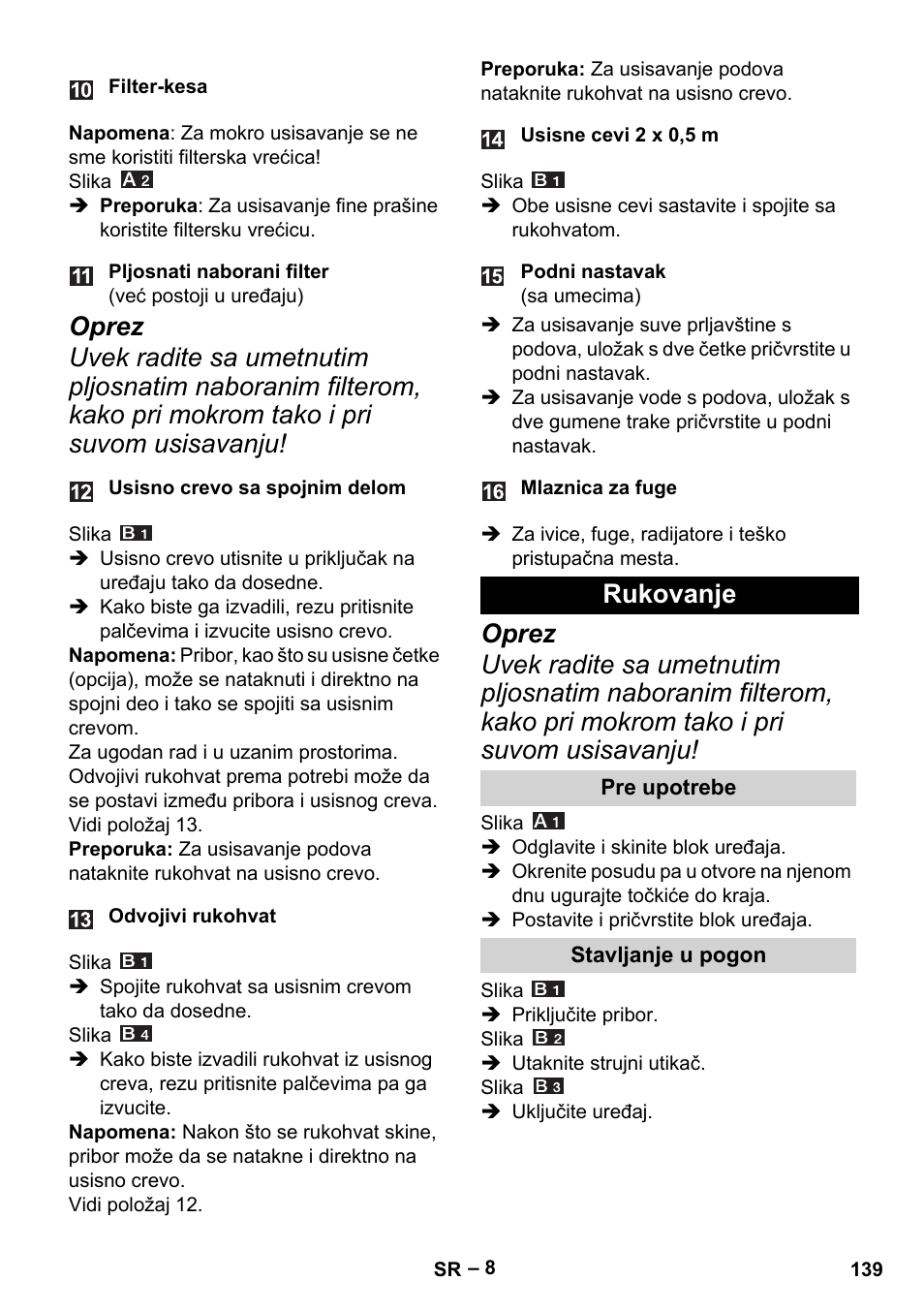 Rukovanje, Pre upotrebe, Stavljanje u pogon | Karcher MV 4 User Manual | Page 139 / 190