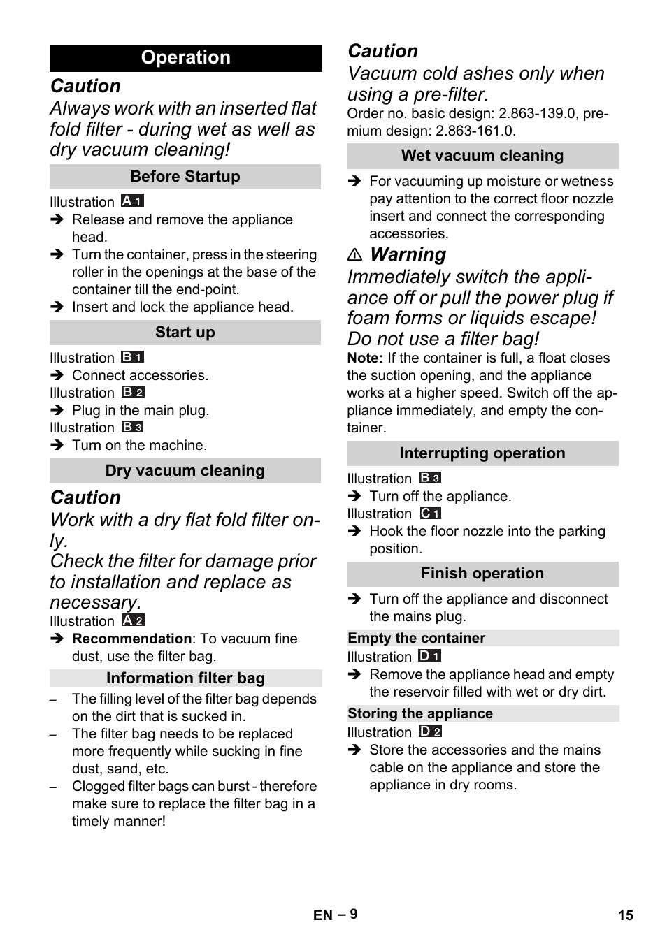 Operation, Before startup, Start up | Dry vacuum cleaning, Information filter bag, Wet vacuum cleaning, Interrupting operation, Finish operation, Empty the container, Storing the appliance | Karcher MV 4 User Manual | Page 15 / 190