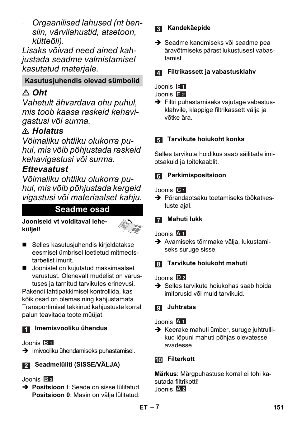 Kasutusjuhendis olevad sümbolid, Seadme osad | Karcher MV 4 User Manual | Page 151 / 190