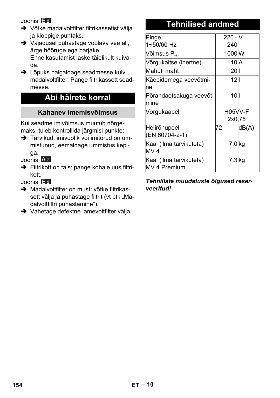 Abi häirete korral, Kahanev imemisvõimsus, Tehnilised andmed | Karcher MV 4 User Manual | Page 154 / 190