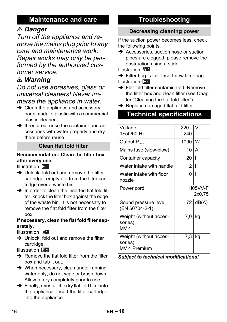Maintenance and care, Clean flat fold filter, Troubleshooting | Decreasing cleaning power, Technical specifications | Karcher MV 4 User Manual | Page 16 / 190