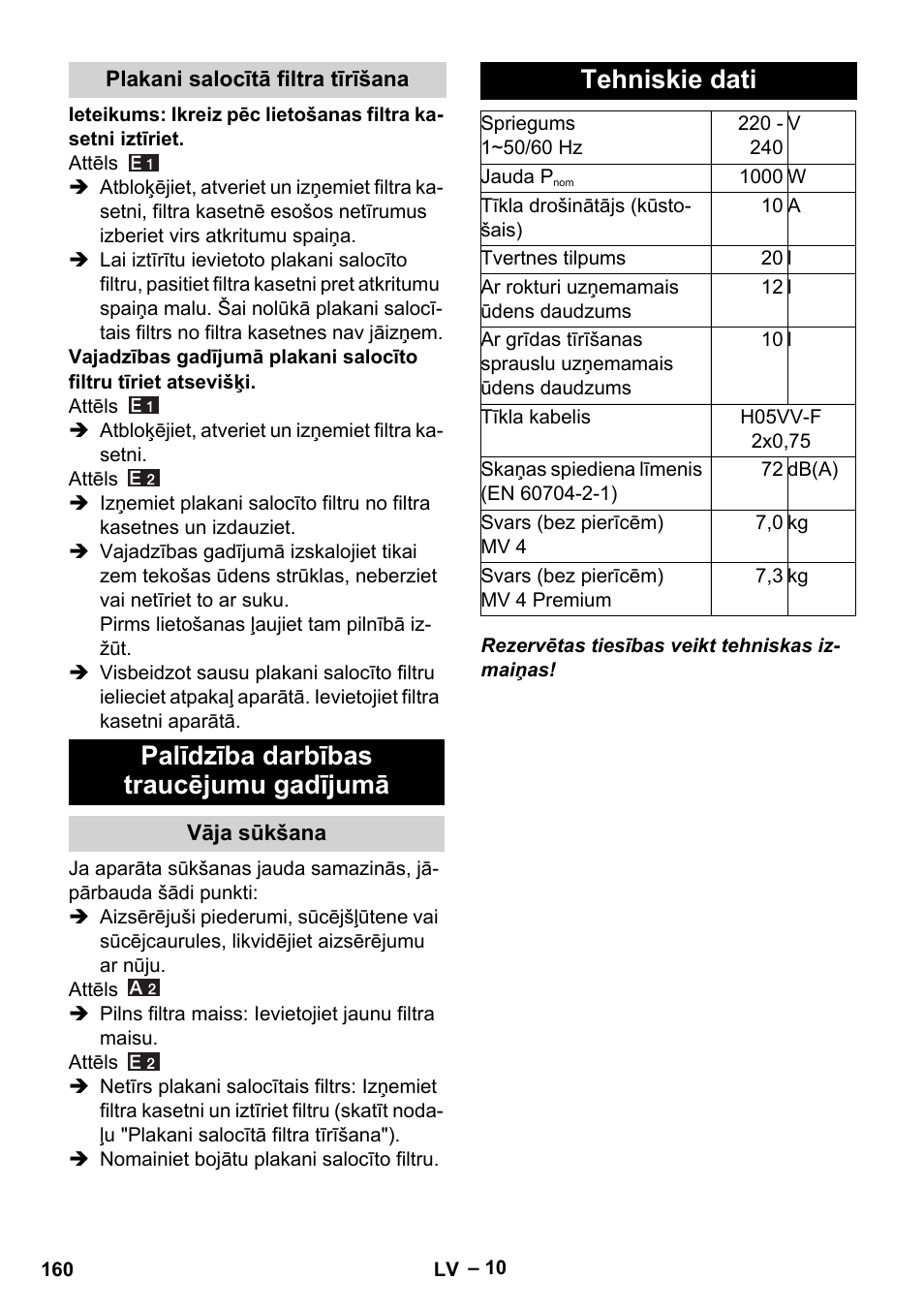Plakani salocītā filtra tīrīšana, Palīdzība darbības traucējumu gadījumā, Vāja sūkšana | Tehniskie dati | Karcher MV 4 User Manual | Page 160 / 190