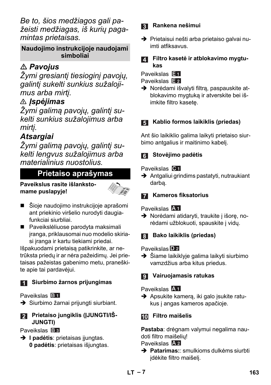 Naudojimo instrukcijoje naudojami simboliai, Prietaiso aprašymas | Karcher MV 4 User Manual | Page 163 / 190