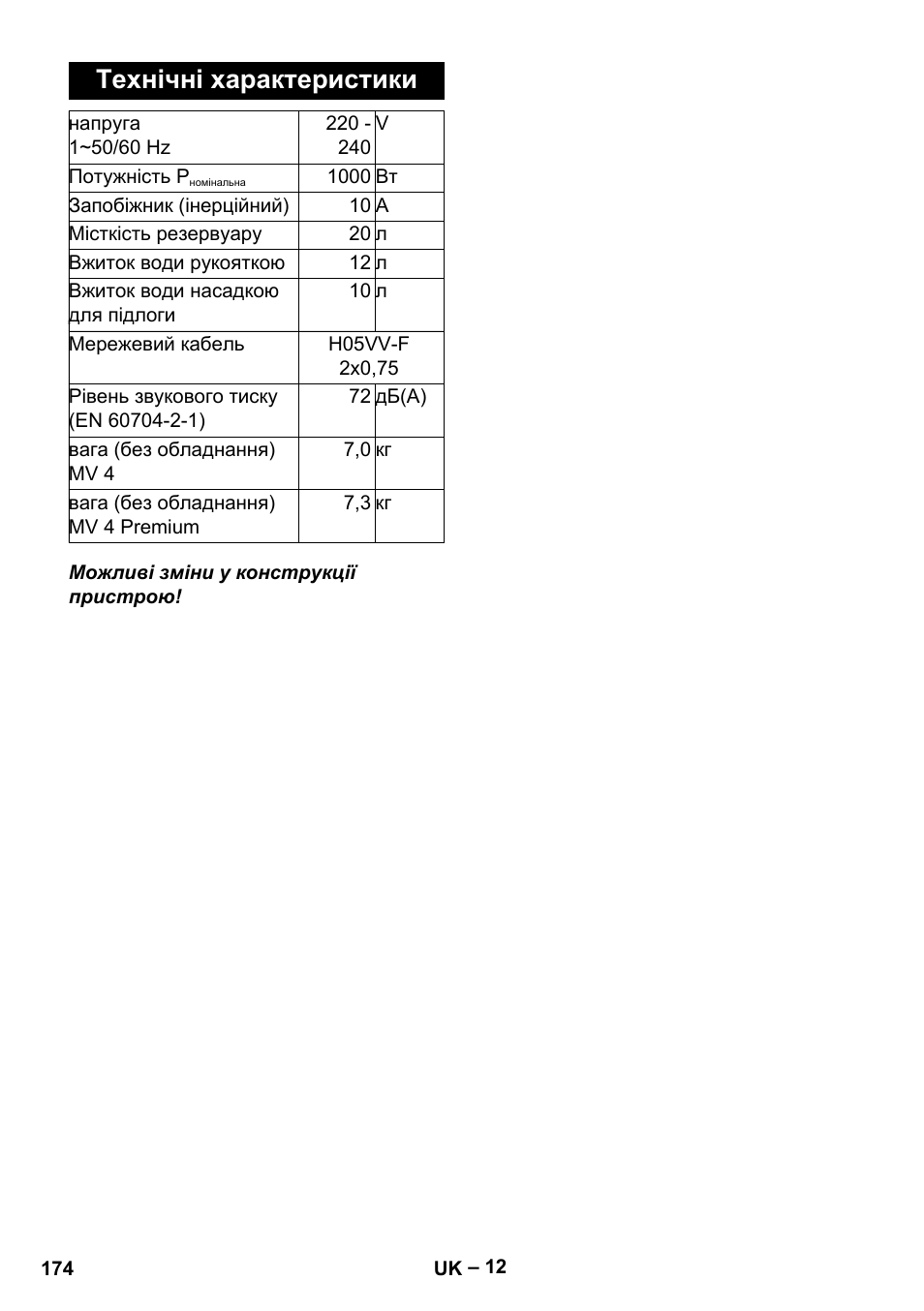 Технічні характеристики | Karcher MV 4 User Manual | Page 174 / 190