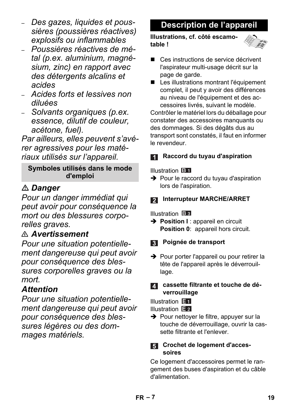 Symboles utilisés dans le mode d'emploi, Description de l’appareil | Karcher MV 4 User Manual | Page 19 / 190
