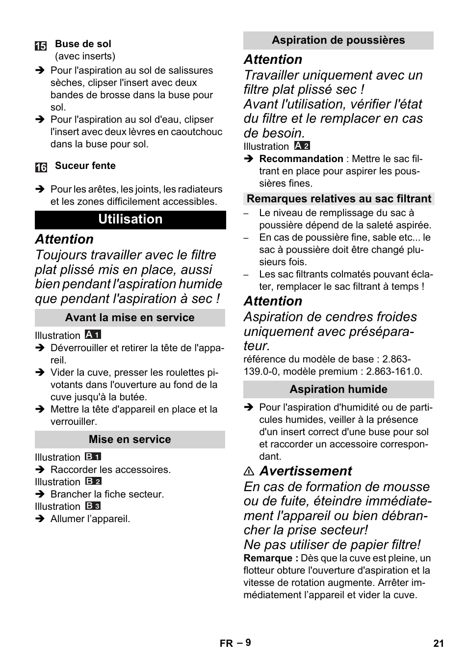 Utilisation, Avant la mise en service, Mise en service | Aspiration de poussières, Remarques relatives au sac filtrant, Aspiration humide | Karcher MV 4 User Manual | Page 21 / 190