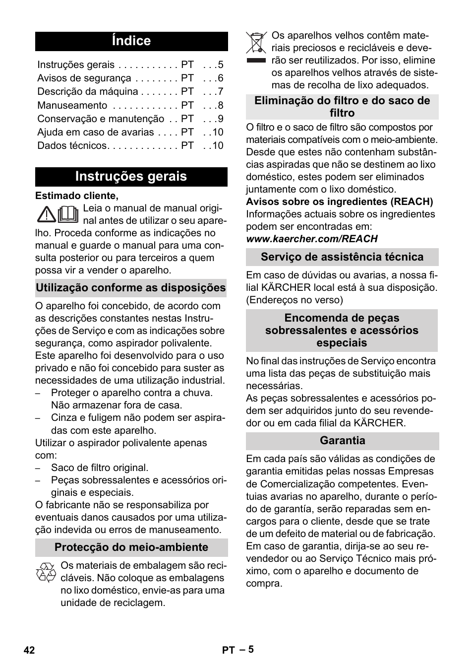 Português, Índice, Instruções gerais | Utilização conforme as disposições, Protecção do meio-ambiente, Eliminação do filtro e do saco de filtro, Serviço de assistência técnica, Garantia | Karcher MV 4 User Manual | Page 42 / 190