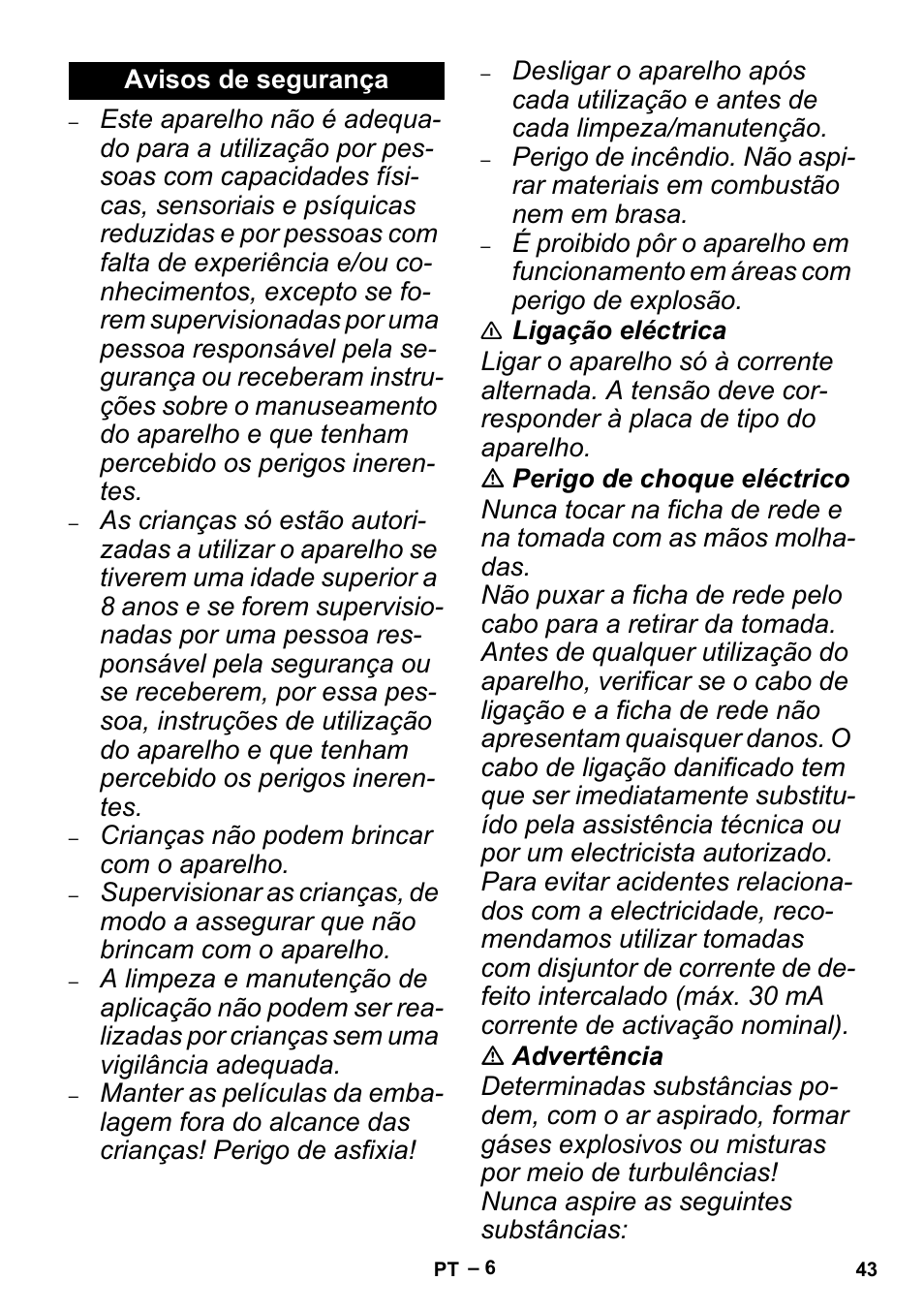 Avisos de segurança | Karcher MV 4 User Manual | Page 43 / 190