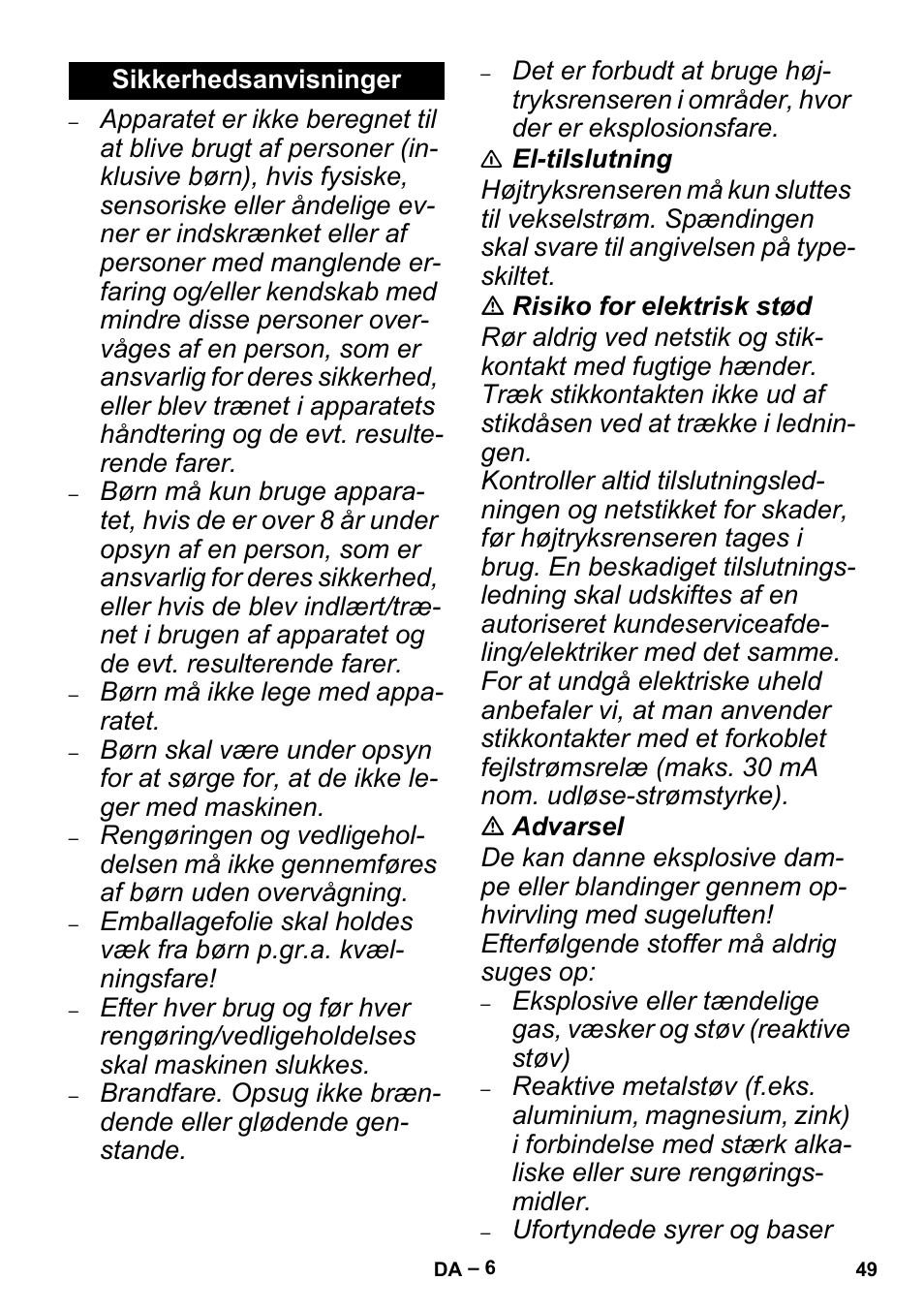 Sikkerhedsanvisninger | Karcher MV 4 User Manual | Page 49 / 190