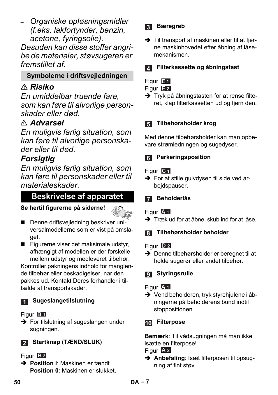 Symbolerne i driftsvejledningen, Beskrivelse af apparatet | Karcher MV 4 User Manual | Page 50 / 190