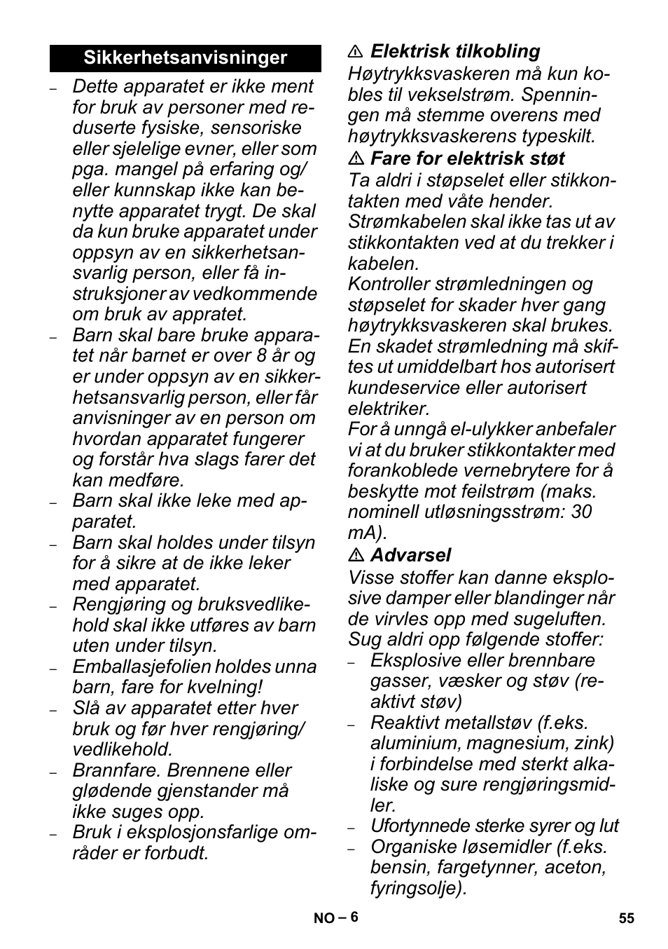 Sikkerhetsanvisninger | Karcher MV 4 User Manual | Page 55 / 190