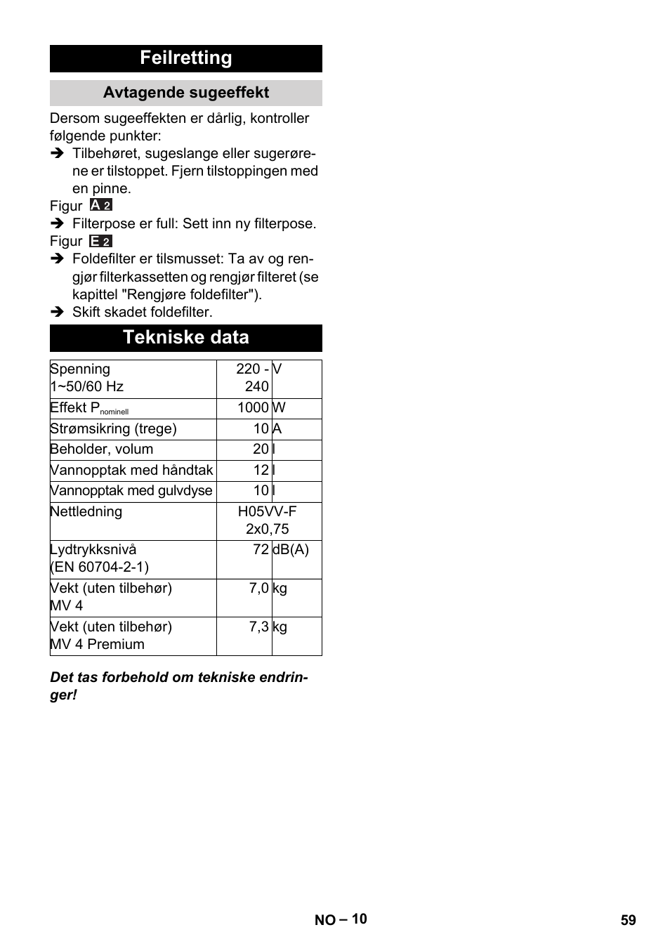 Feilretting, Avtagende sugeeffekt, Tekniske data | Karcher MV 4 User Manual | Page 59 / 190