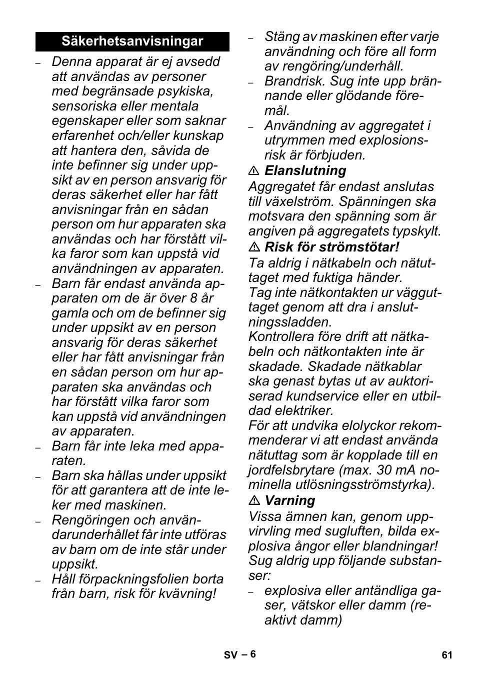 Säkerhetsanvisningar | Karcher MV 4 User Manual | Page 61 / 190