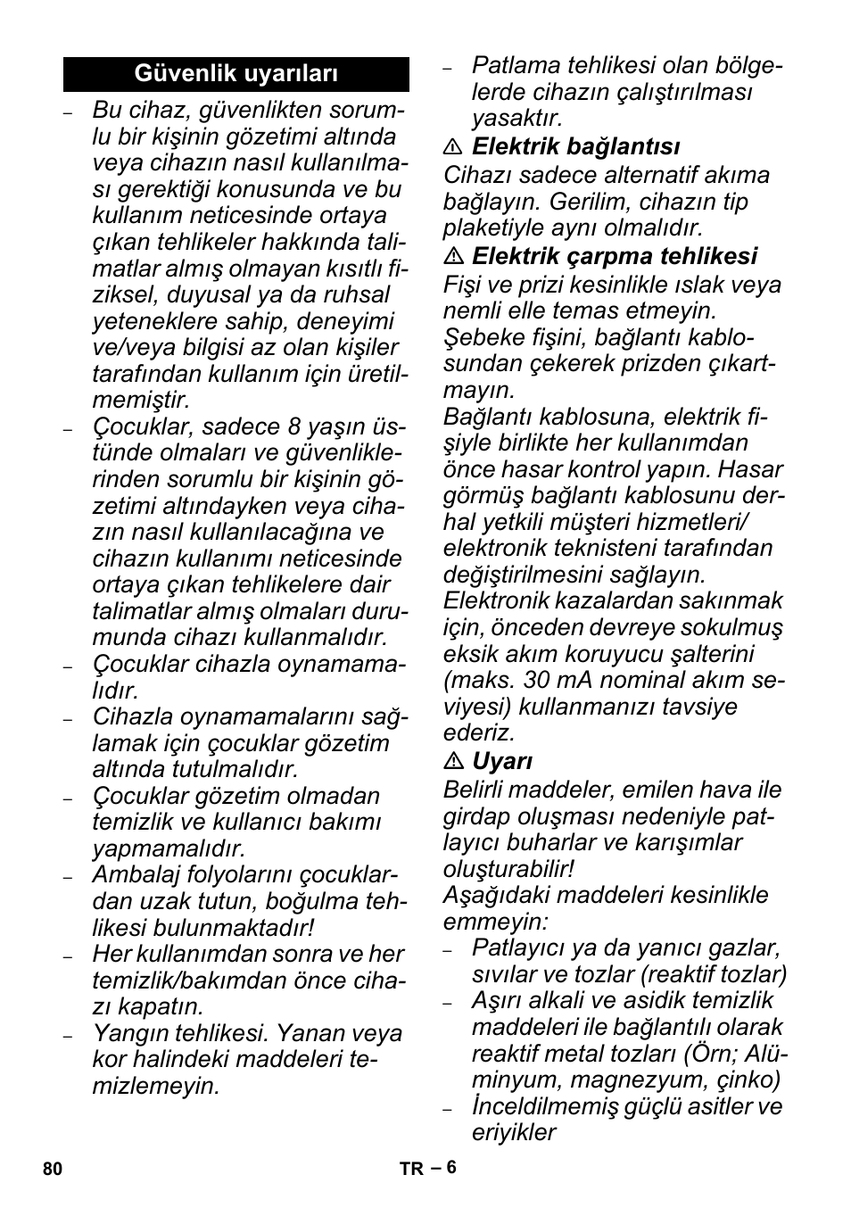 Güvenlik uyarıları | Karcher MV 4 User Manual | Page 80 / 190