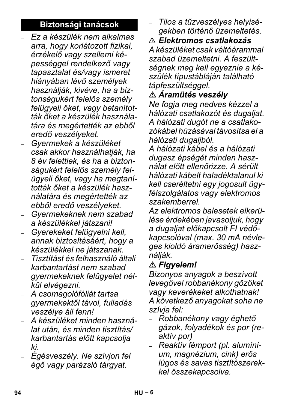 Biztonsági tanácsok | Karcher MV 4 User Manual | Page 94 / 190