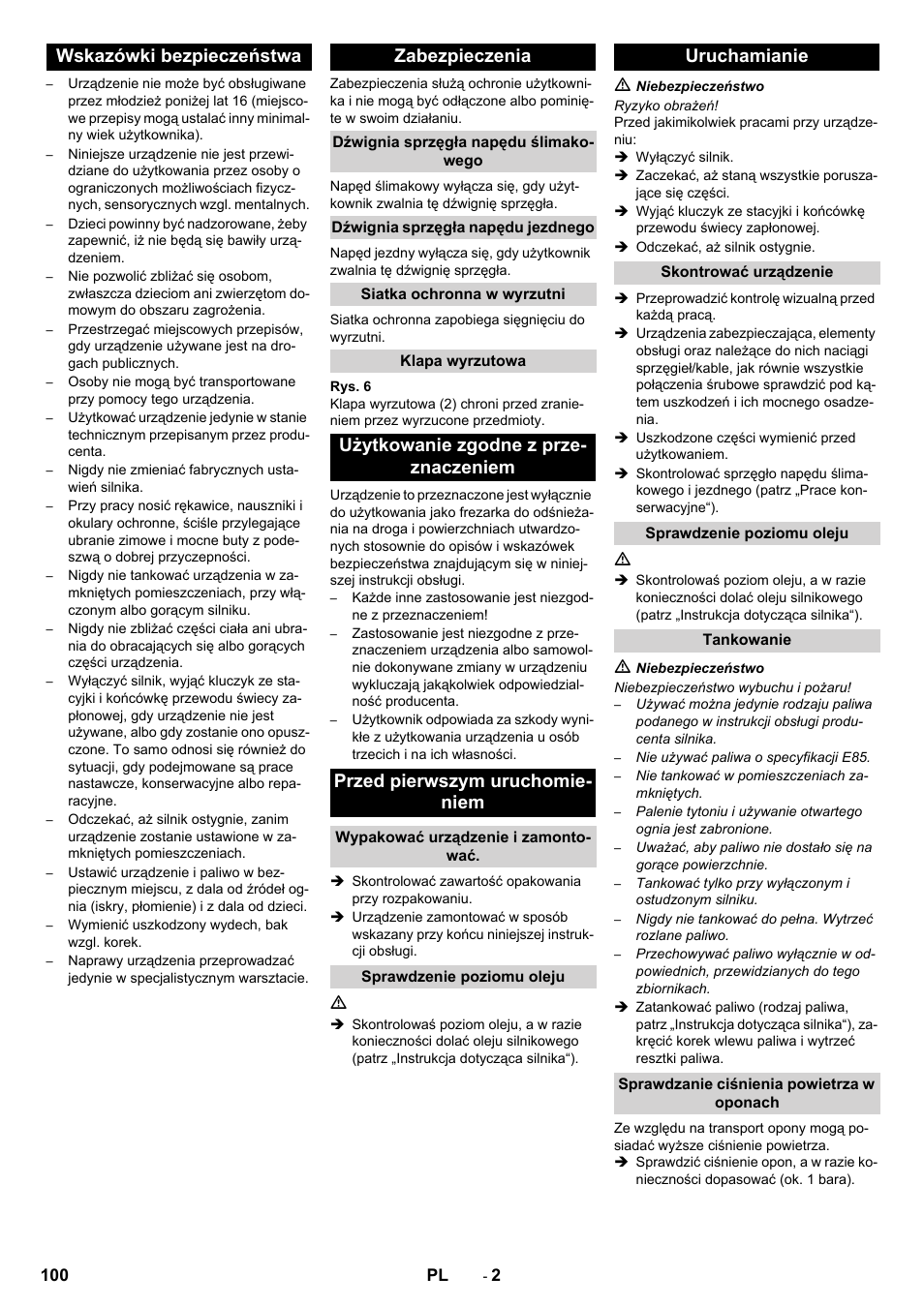 Wskazówki bezpieczeństwa zabezpieczenia, Uruchamianie | Karcher STH 5-56 User Manual | Page 100 / 128