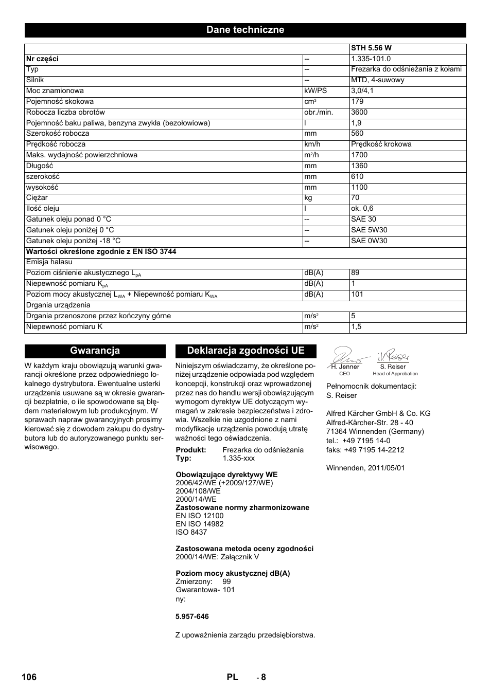 Dane techniczne, Gwarancja deklaracja zgodności ue | Karcher STH 5-56 User Manual | Page 106 / 128