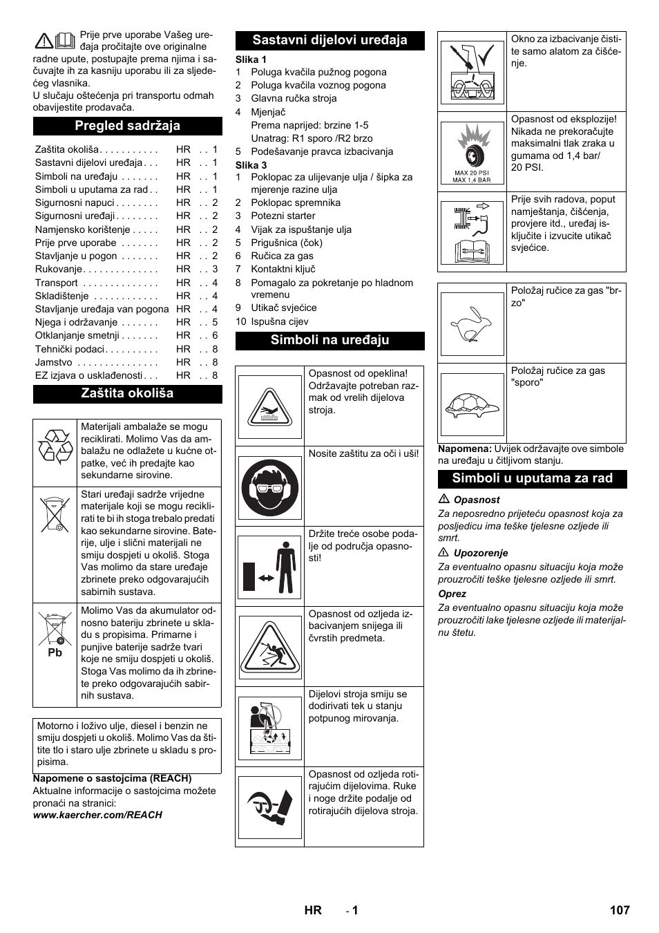 Hrvatski, Pregled sadržaja, Zaštita okoliša | Sastavni dijelovi uređaja simboli na uređaju, Simboli u uputama za rad | Karcher STH 5-56 User Manual | Page 107 / 128