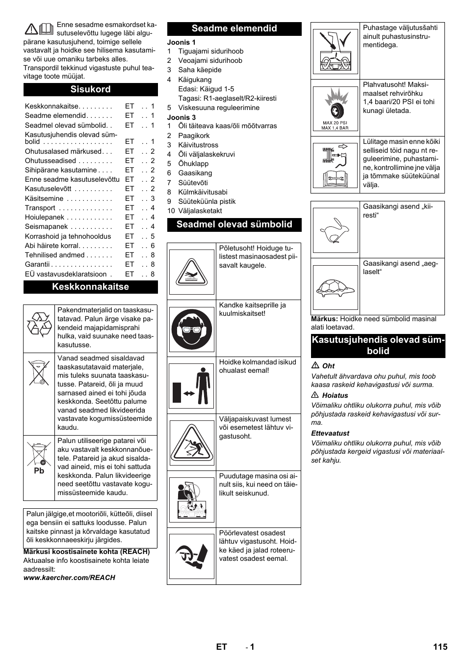 Eesti, Sisukord, Keskkonnakaitse | Seadme elemendid seadmel olevad sümbolid, Kasutusjuhendis olevad süm- bolid | Karcher STH 5-56 User Manual | Page 115 / 128