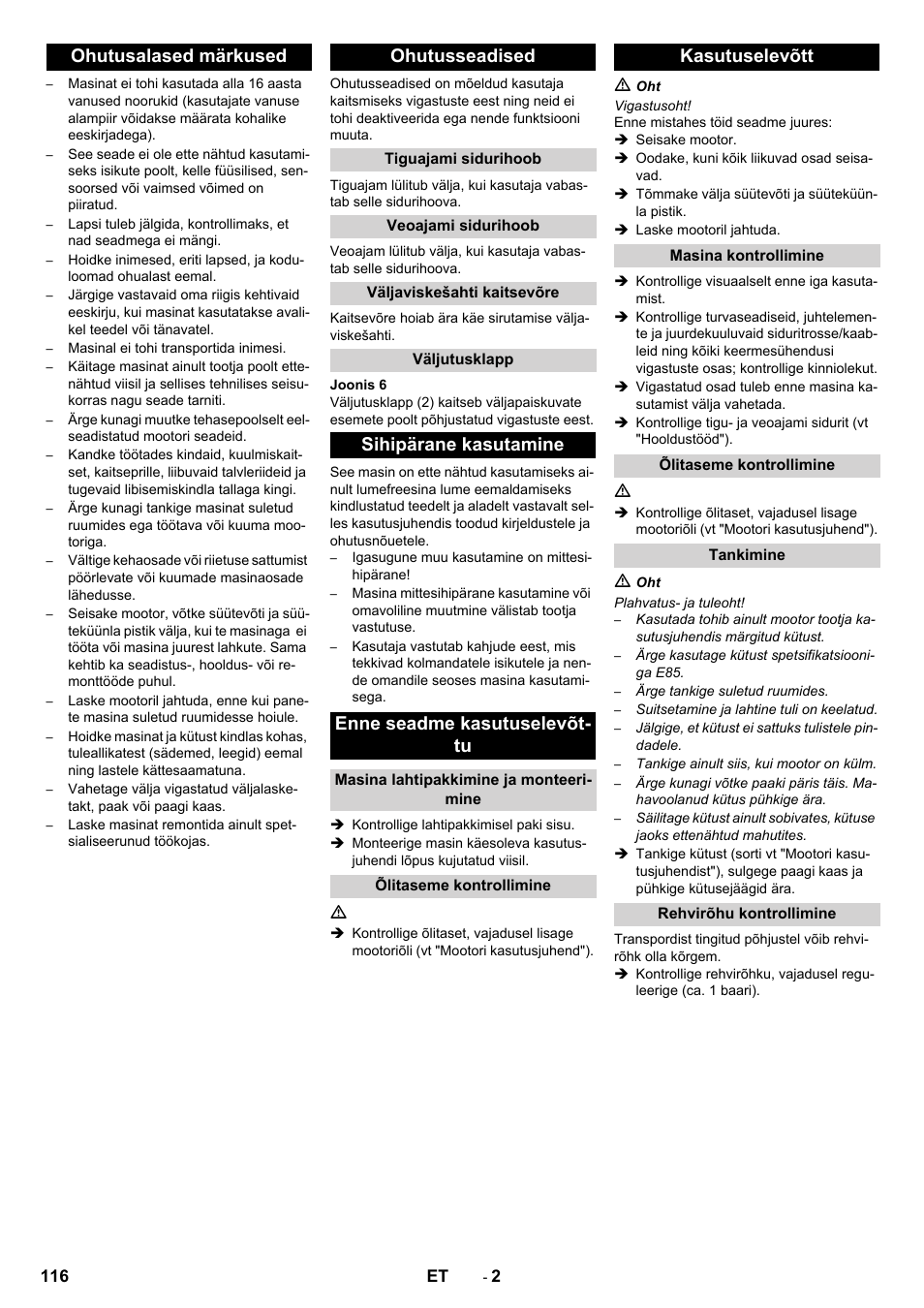 Ohutusalased märkused ohutusseadised, Kasutuselevõtt | Karcher STH 5-56 User Manual | Page 116 / 128