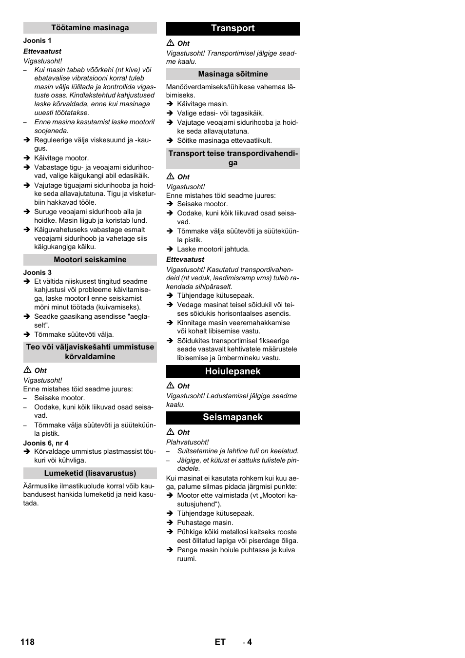 Transport, Hoiulepanek seismapanek | Karcher STH 5-56 User Manual | Page 118 / 128