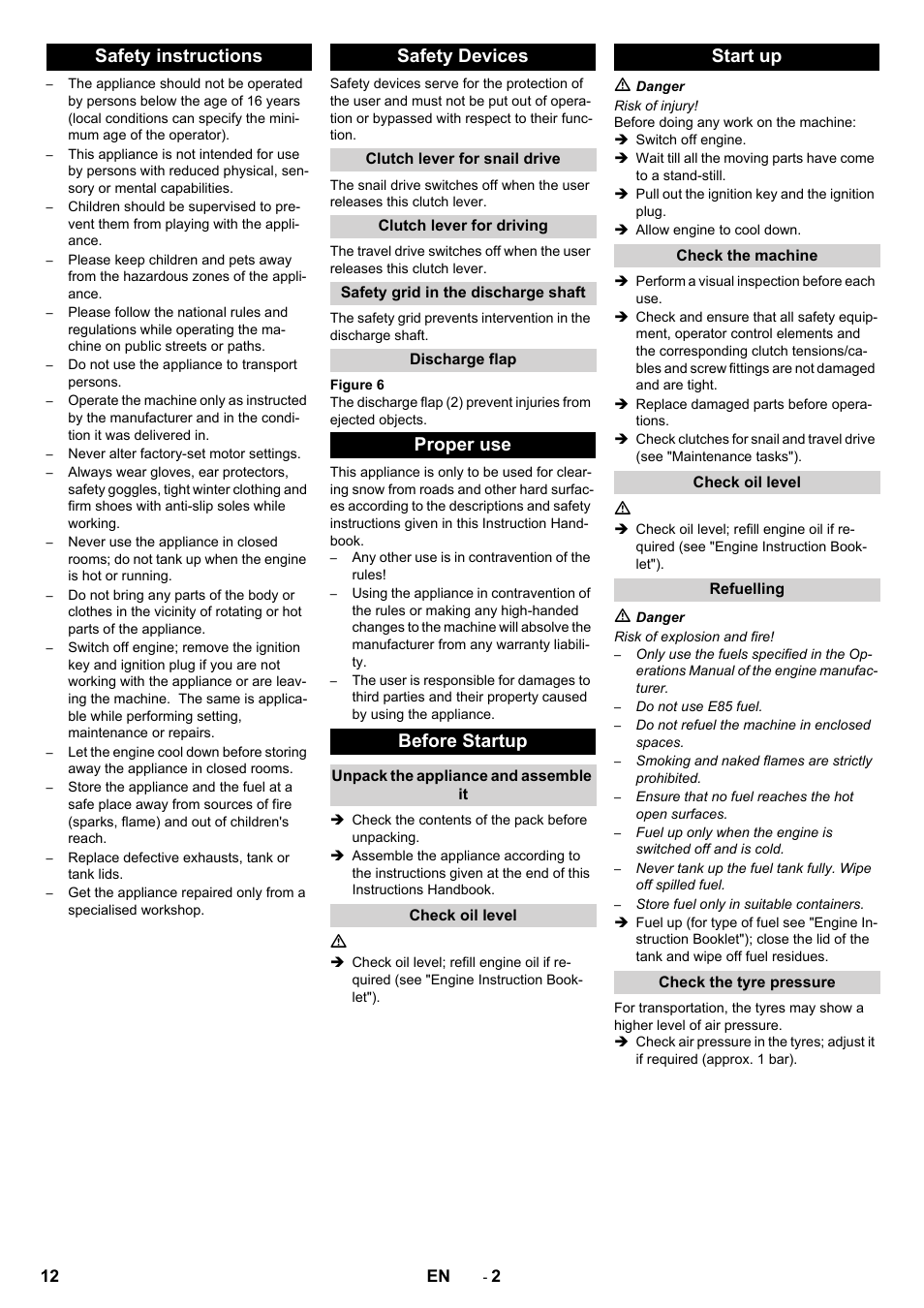 Safety instructions safety devices, Proper use before startup, Start up | Karcher STH 5-56 User Manual | Page 12 / 128