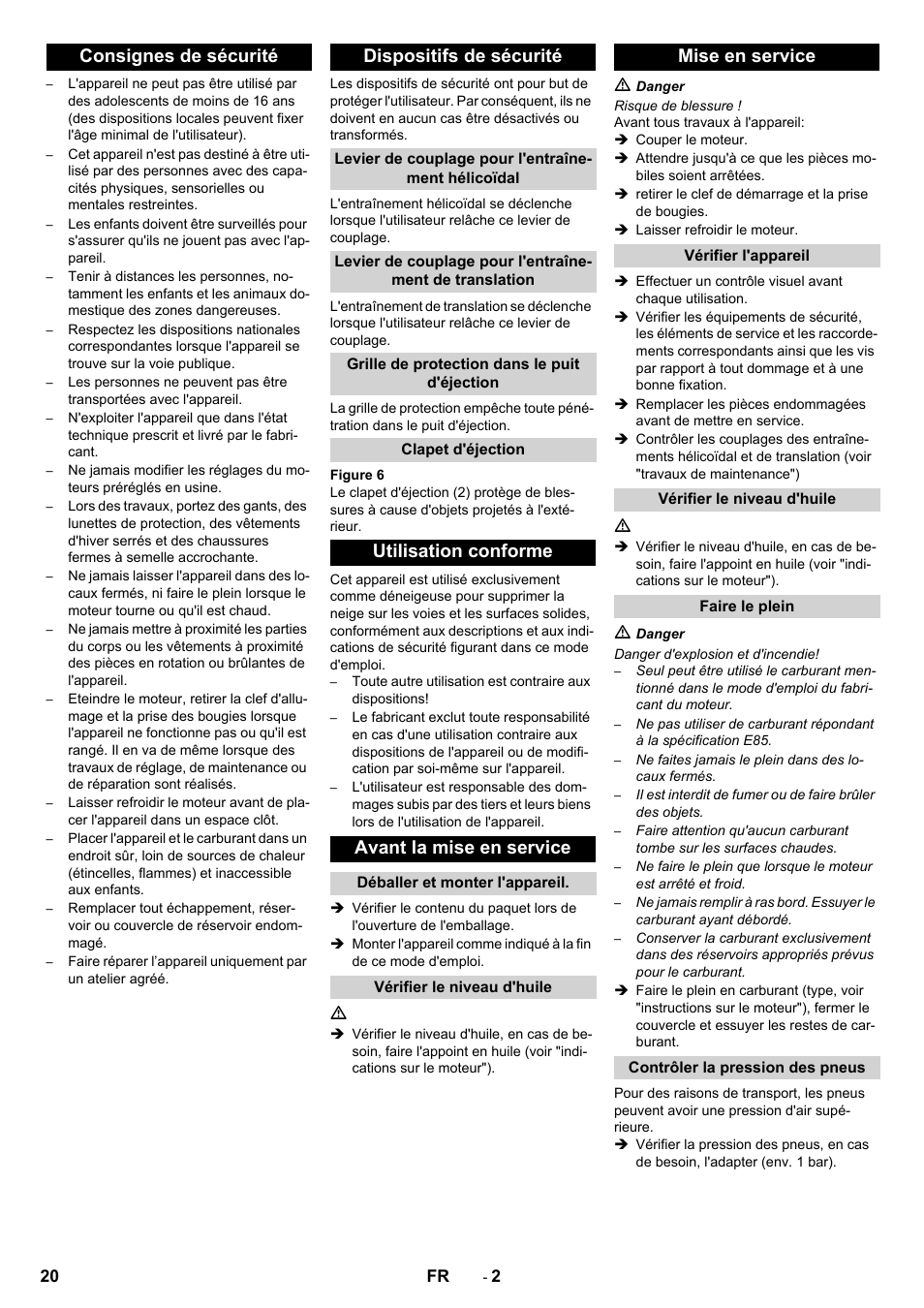 Consignes de sécurité dispositifs de sécurité, Utilisation conforme avant la mise en service, Mise en service | Karcher STH 5-56 User Manual | Page 20 / 128