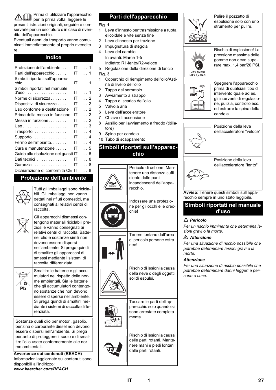 Italiano, Indice, Protezione dell’ambiente | Simboli riportati nel manuale d'uso | Karcher STH 5-56 User Manual | Page 27 / 128