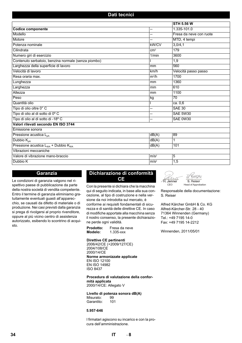 Dati tecnici, Garanzia dichiarazione di conformità ce | Karcher STH 5-56 User Manual | Page 34 / 128