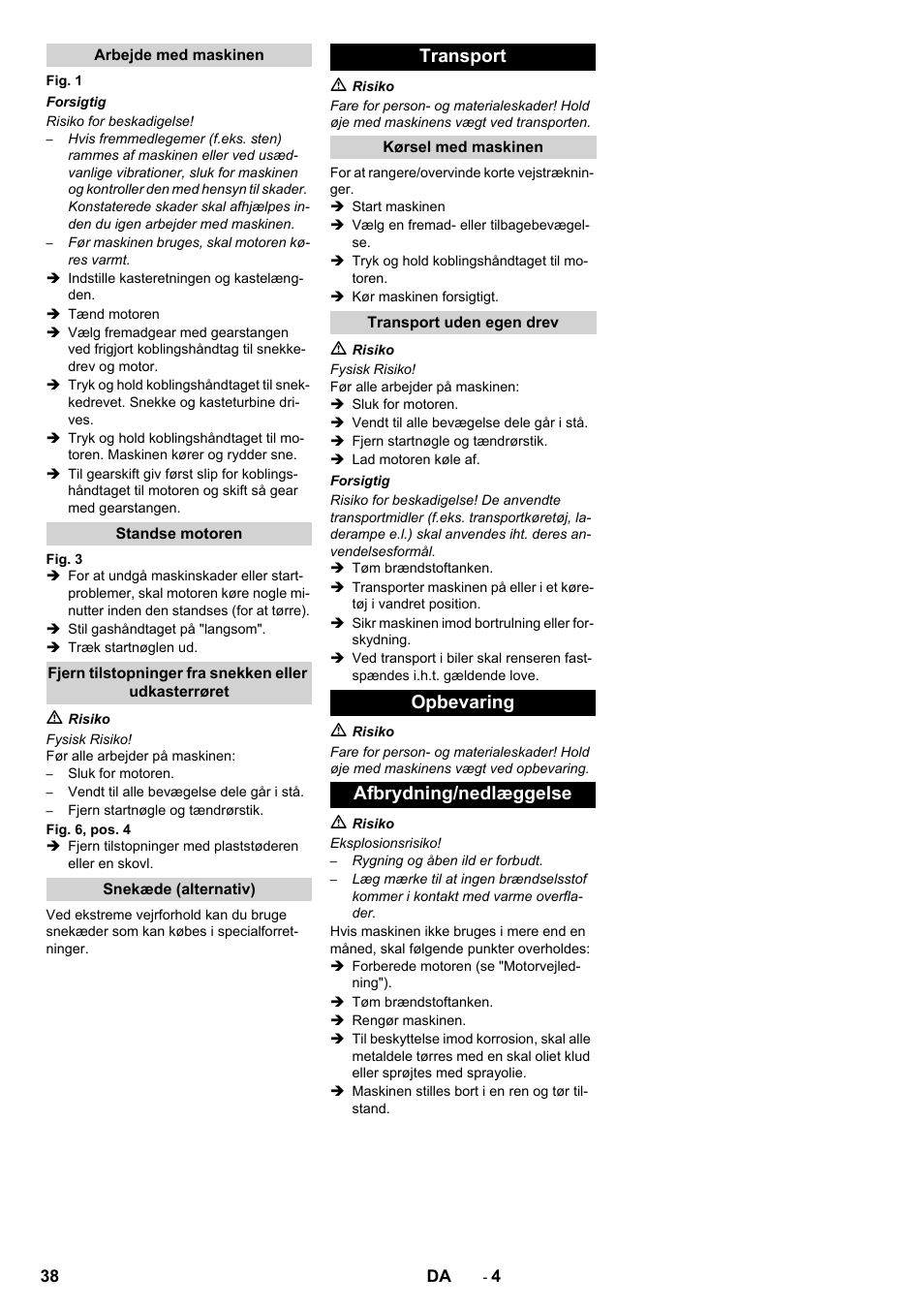 Transport, Opbevaring afbrydning/nedlæggelse | Karcher STH 5-56 User Manual | Page 38 / 128