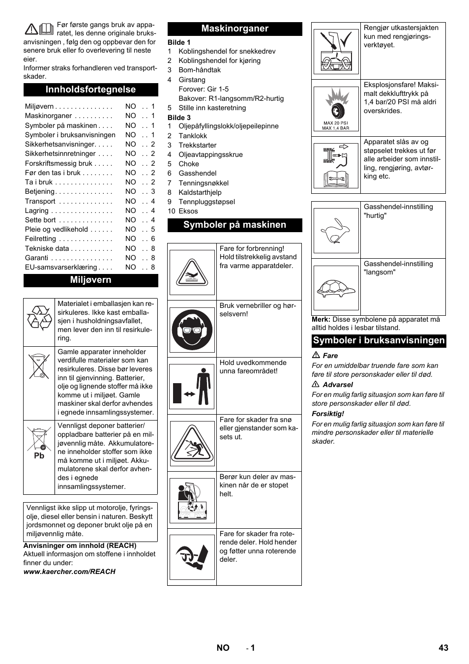 Norsk, Innholdsfortegnelse, Miljøvern | Maskinorganer symboler på maskinen, Symboler i bruksanvisningen | Karcher STH 5-56 User Manual | Page 43 / 128