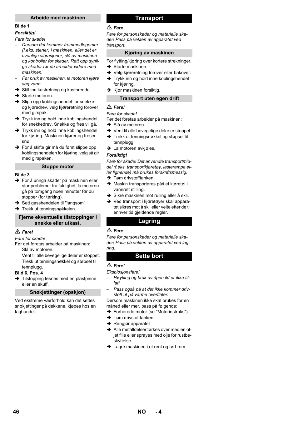 Transport, Lagring sette bort | Karcher STH 5-56 User Manual | Page 46 / 128