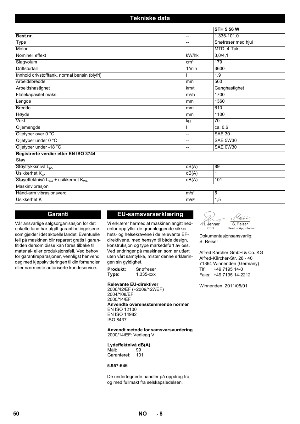 Tekniske data, Garanti eu-samsvarserklæring | Karcher STH 5-56 User Manual | Page 50 / 128