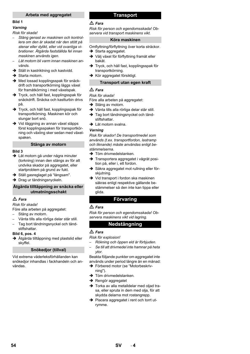 Transport, Förvaring nedstängning | Karcher STH 5-56 User Manual | Page 54 / 128