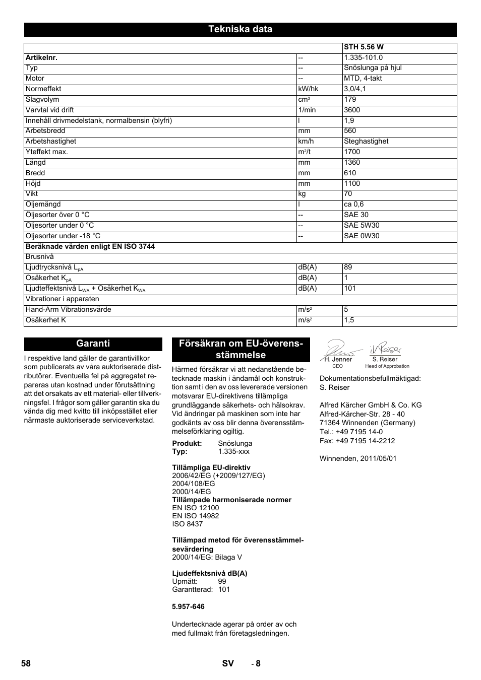 Tekniska data, Garanti försäkran om eu-överens- stämmelse | Karcher STH 5-56 User Manual | Page 58 / 128