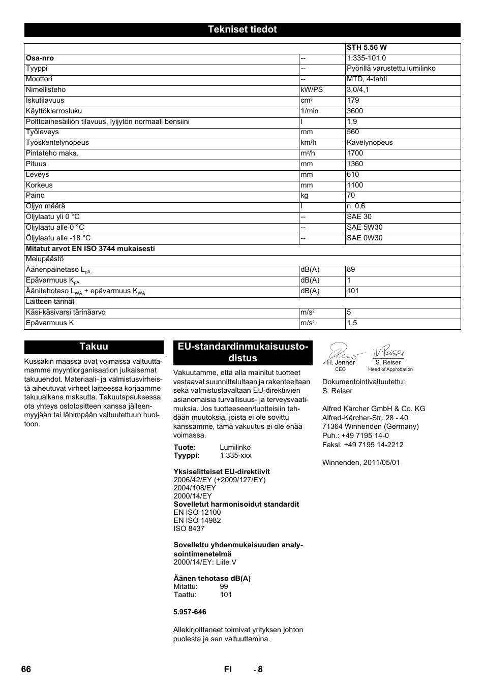 Tekniset tiedot, Takuu eu-standardinmukaisuusto- distus | Karcher STH 5-56 User Manual | Page 66 / 128