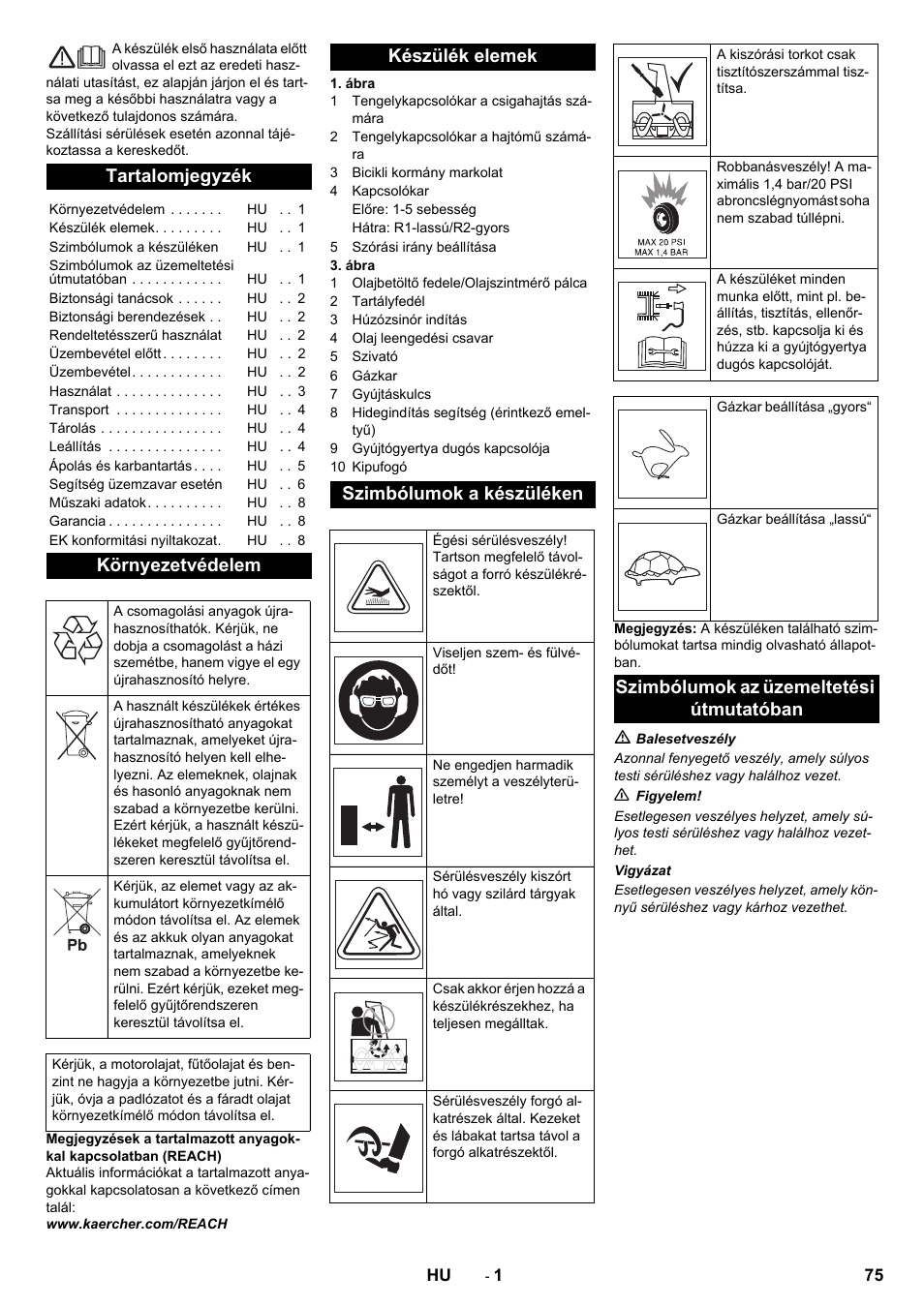 Magyar, Tartalomjegyzék, Környezetvédelem | Készülék elemek szimbólumok a készüléken, Szimbólumok az üzemeltetési útmutatóban | Karcher STH 5-56 User Manual | Page 75 / 128