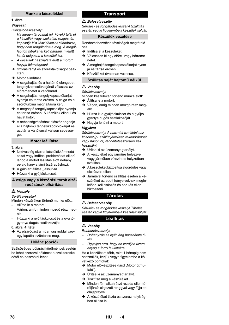 Transport, Tárolás leállítás | Karcher STH 5-56 User Manual | Page 78 / 128