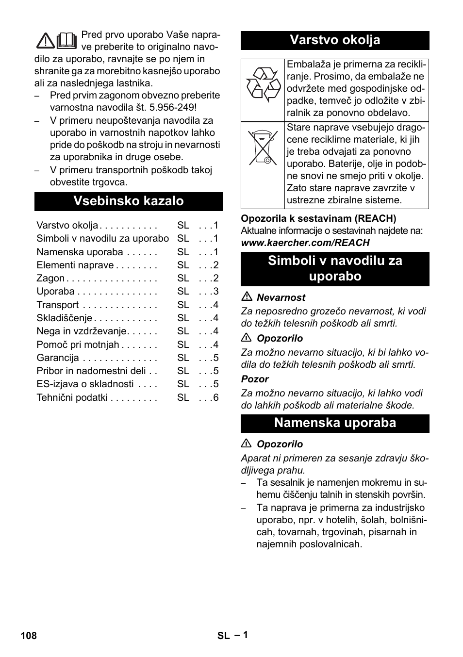 Slovenščina, Vsebinsko kazalo, Varstvo okolja | Simboli v navodilu za uporabo namenska uporaba | Karcher NT 65-2 Tact Tc User Manual | Page 108 / 184