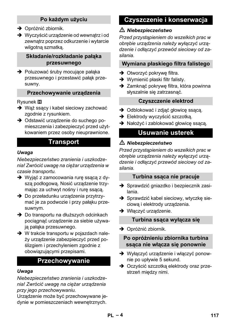 Transport przechowywanie czyszczenie i konserwacja, Usuwanie usterek | Karcher NT 65-2 Tact Tc User Manual | Page 117 / 184