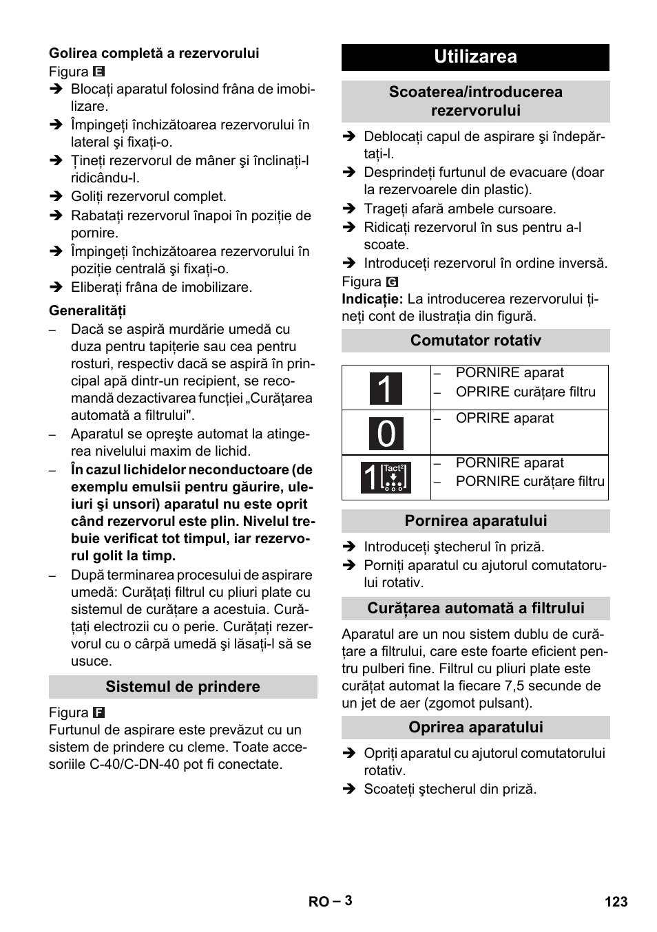 Utilizarea | Karcher NT 65-2 Tact Tc User Manual | Page 123 / 184