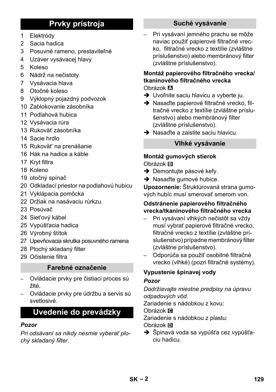 Prvky prístroja, Uvedenie do prevádzky | Karcher NT 65-2 Tact Tc User Manual | Page 129 / 184