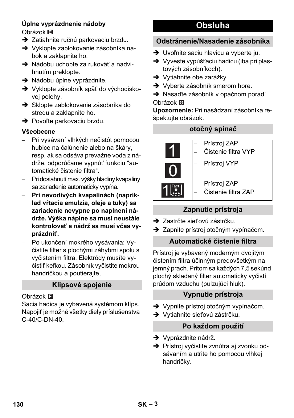 Obsluha | Karcher NT 65-2 Tact Tc User Manual | Page 130 / 184