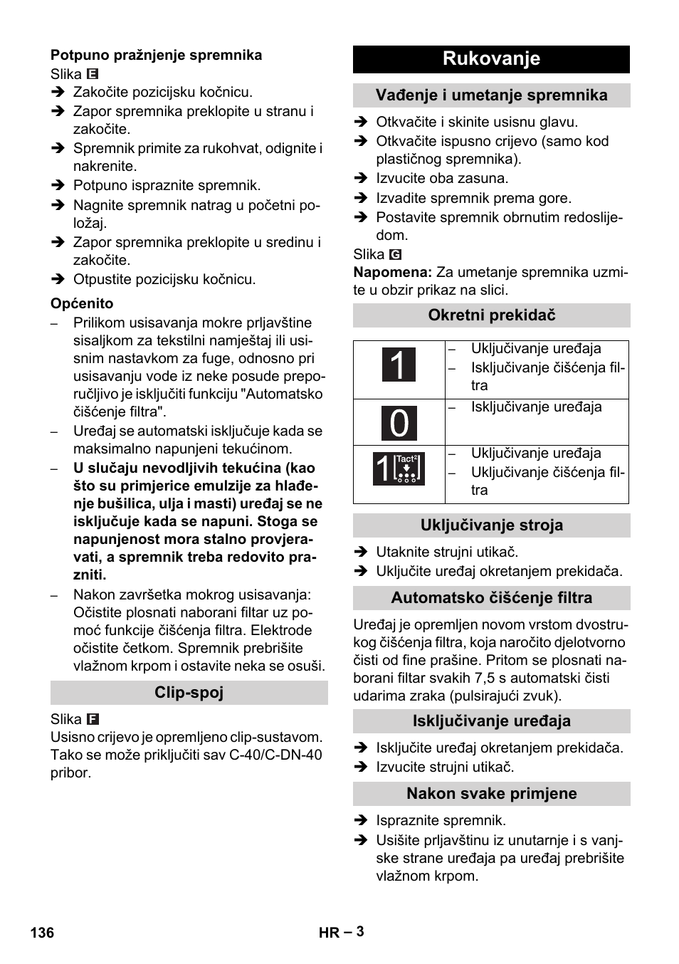 Rukovanje | Karcher NT 65-2 Tact Tc User Manual | Page 136 / 184