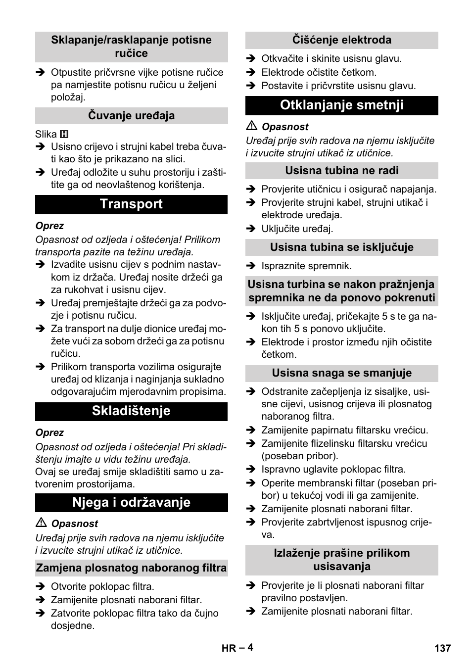 Transport skladištenje njega i održavanje, Otklanjanje smetnji | Karcher NT 65-2 Tact Tc User Manual | Page 137 / 184