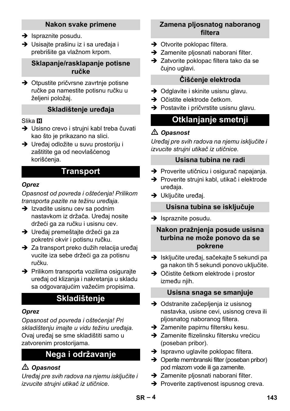Transport skladištenje nega i održavanje, Otklanjanje smetnji | Karcher NT 65-2 Tact Tc User Manual | Page 143 / 184